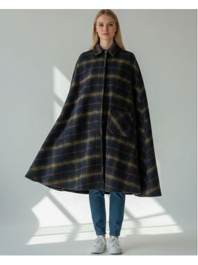 MONTALDO'S Vintage Women's Collared Wool Plaid Maxi Cape Coat Cardigan One Size
